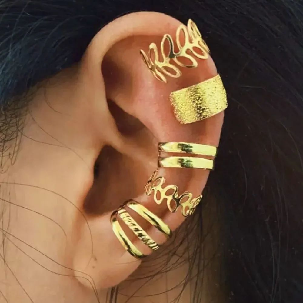 Gold Ear Cuffs Cut Out Wire Leaf Earrings Set 5 pieces - NEW
